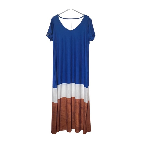 Maxi Lounge Dress Lg Boho Resort Chic Color Block Minimalist V-neck Short Sleeve - Picture 1 of 11